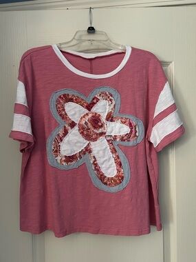 Bohemela short sleeve patchwork top, pink, L